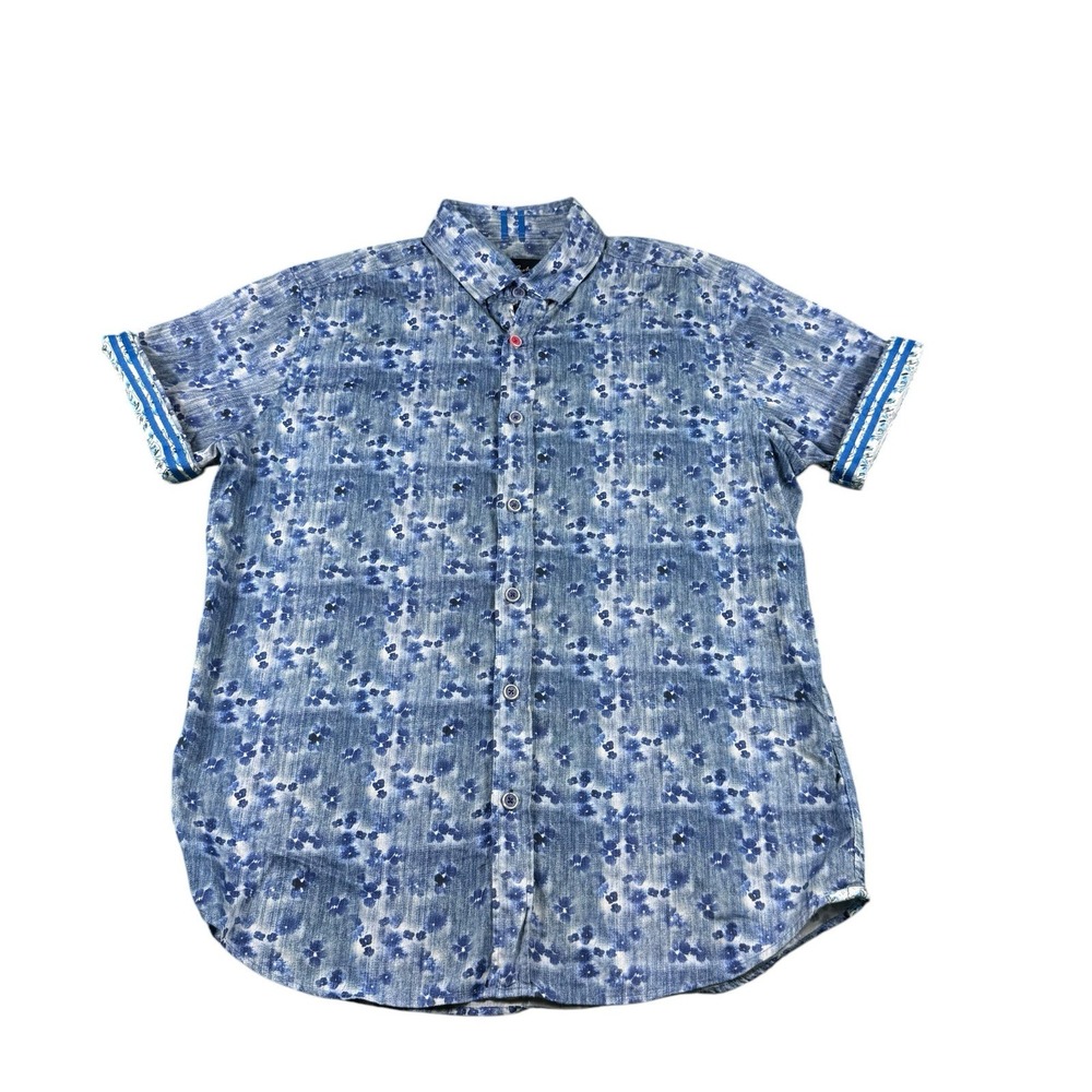 Robert Graham Blue Floral AOP Cotton Short Sleeve Hawaiian Shirt Mens Large